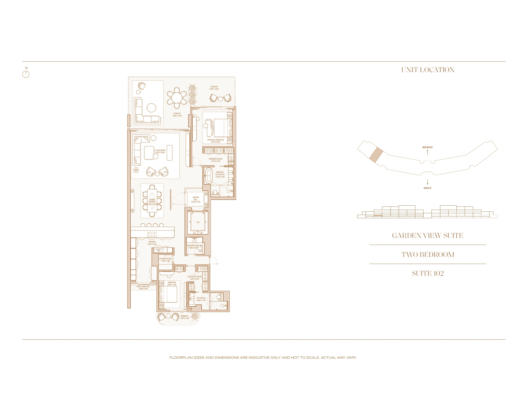 Indicative two-bedroom Garden View Suite 102 floor plan including dimensions and original caveat